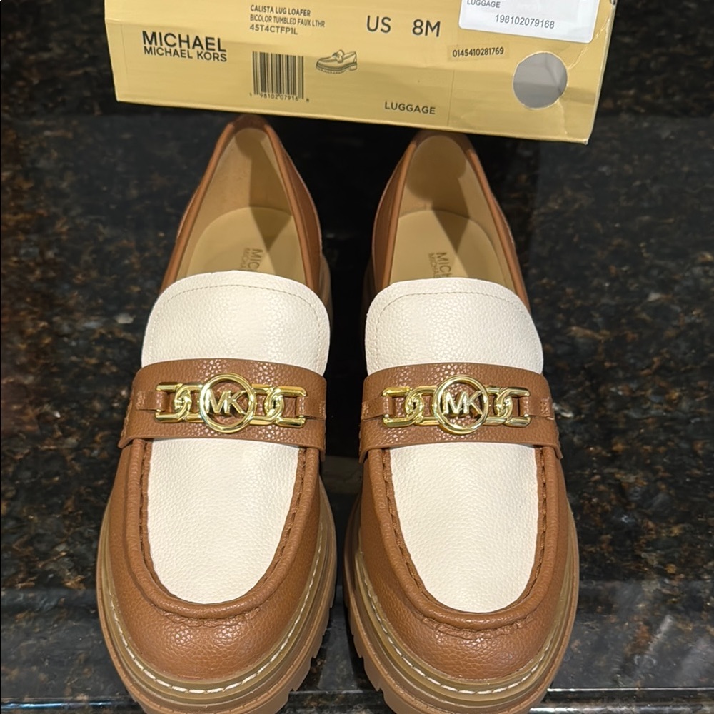 Michael Kors Callista Brown and White Loafers with Gold Detail